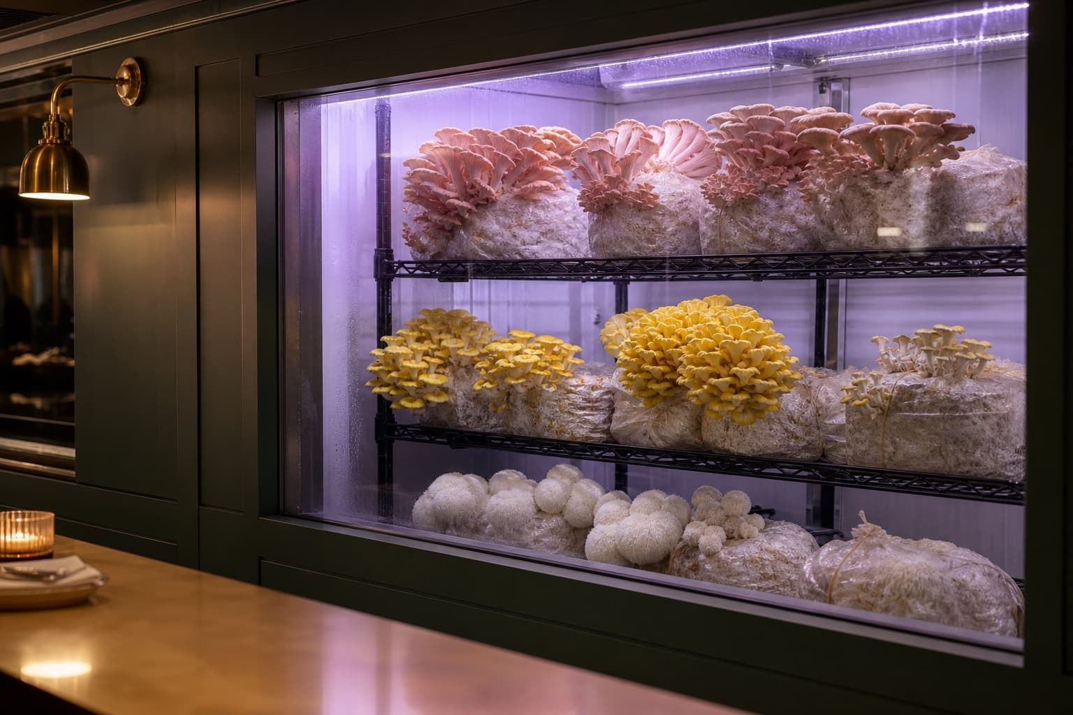 Render of the Shroomy concept indoor mushroom farm display window, visible from the room