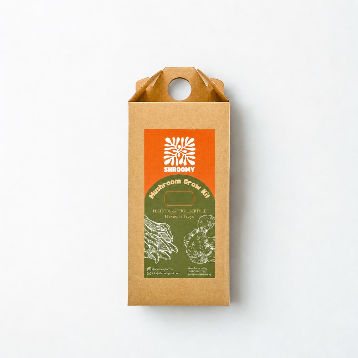 Shroomy grow kit box, opened to show the substrate bag inside