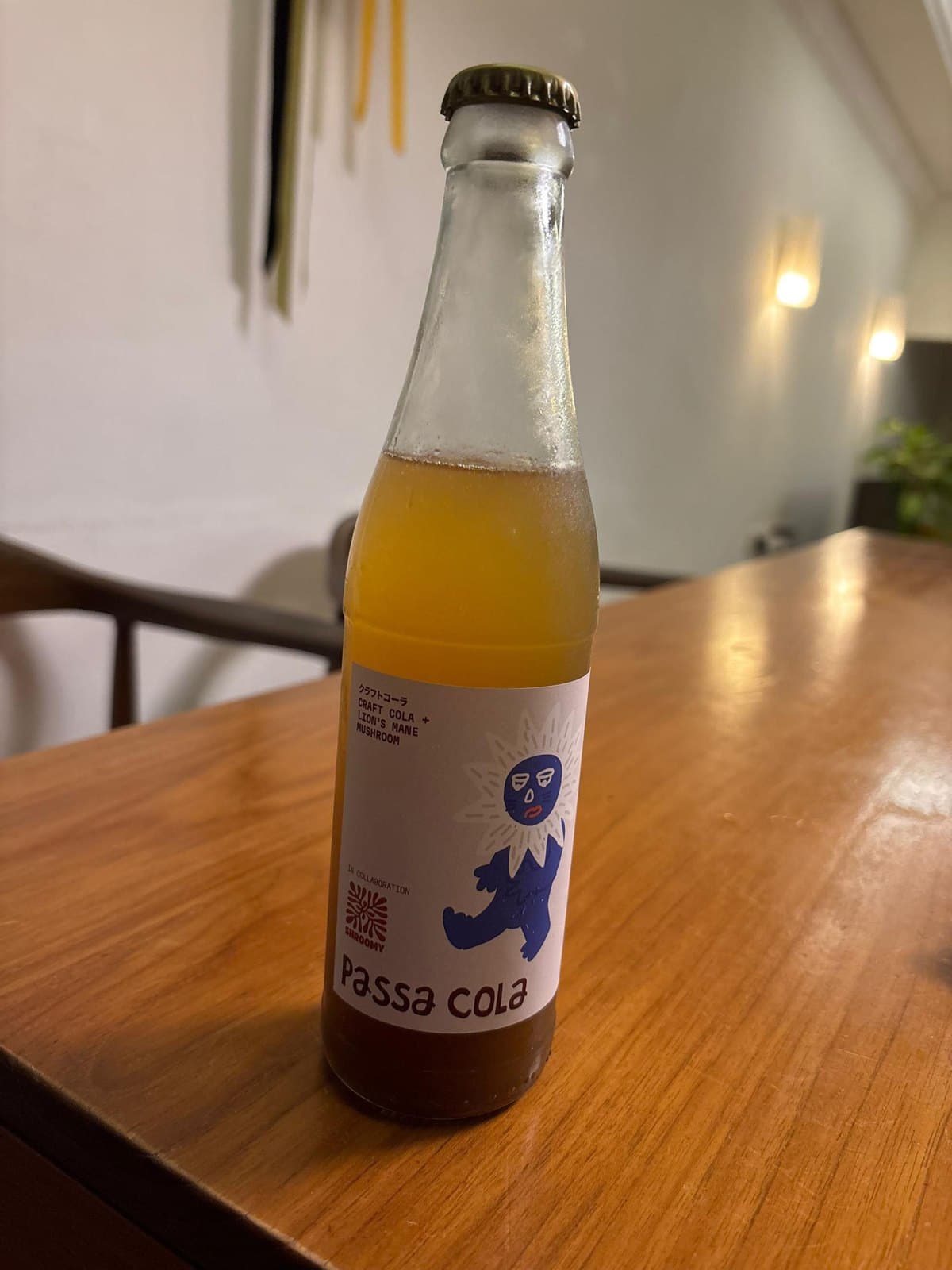 Passa Cola × Shroomy craft cola with lion's mane — collab bottle with the Shroomy mark on the label