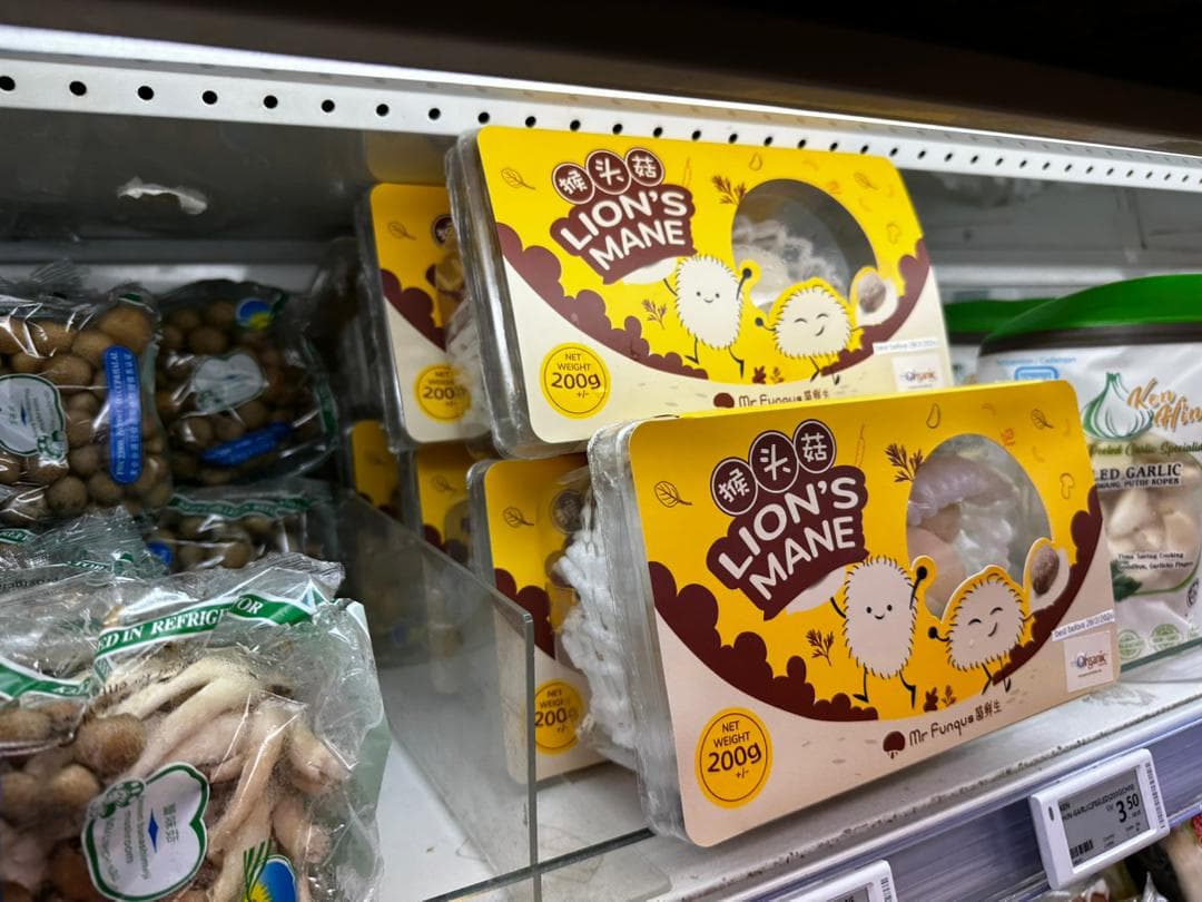Lion's mane retail packs on the shelf at Jaya Grocer