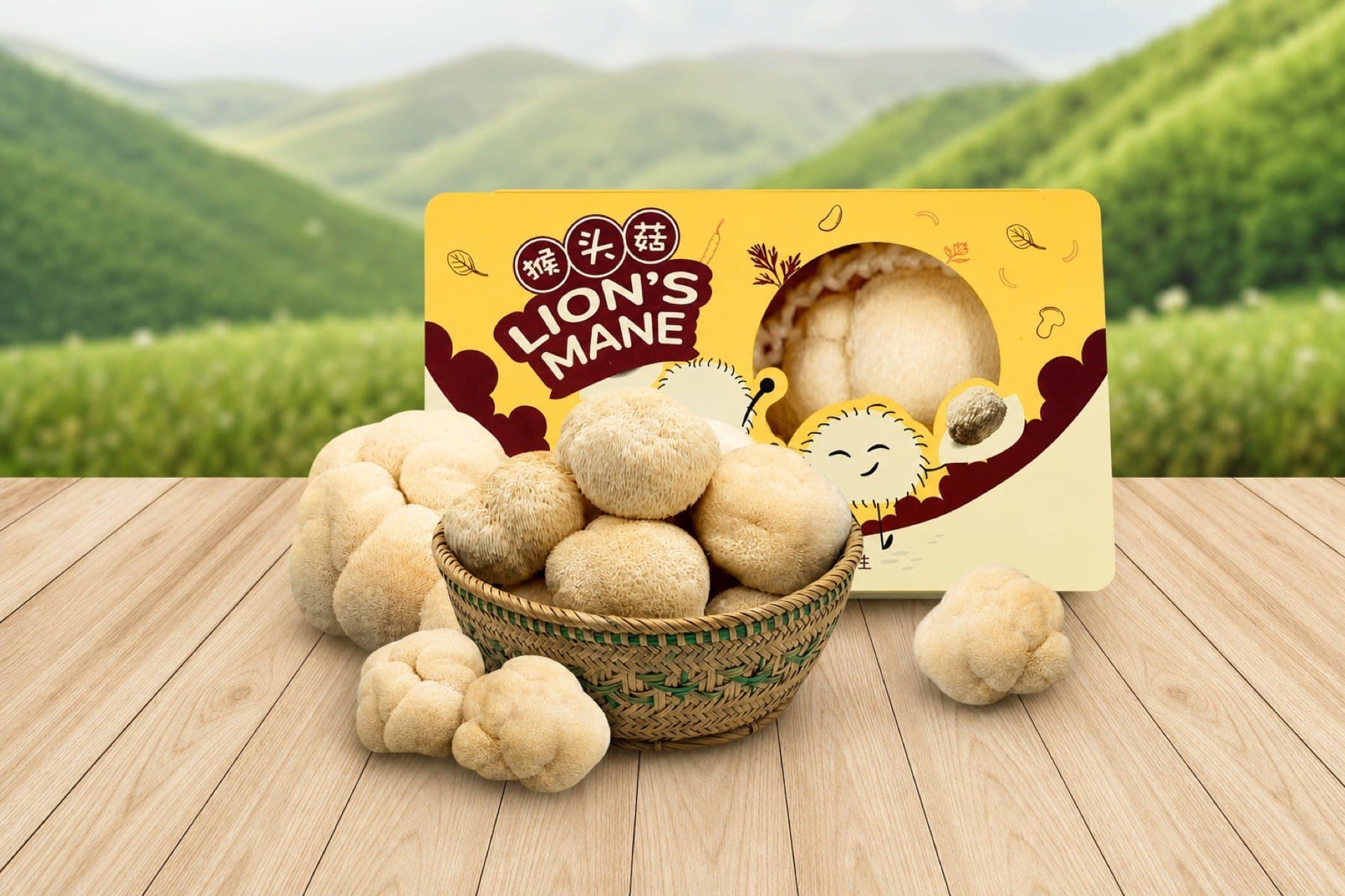 A rattan basket of lion's mane mushrooms beside the Shroomy retail box