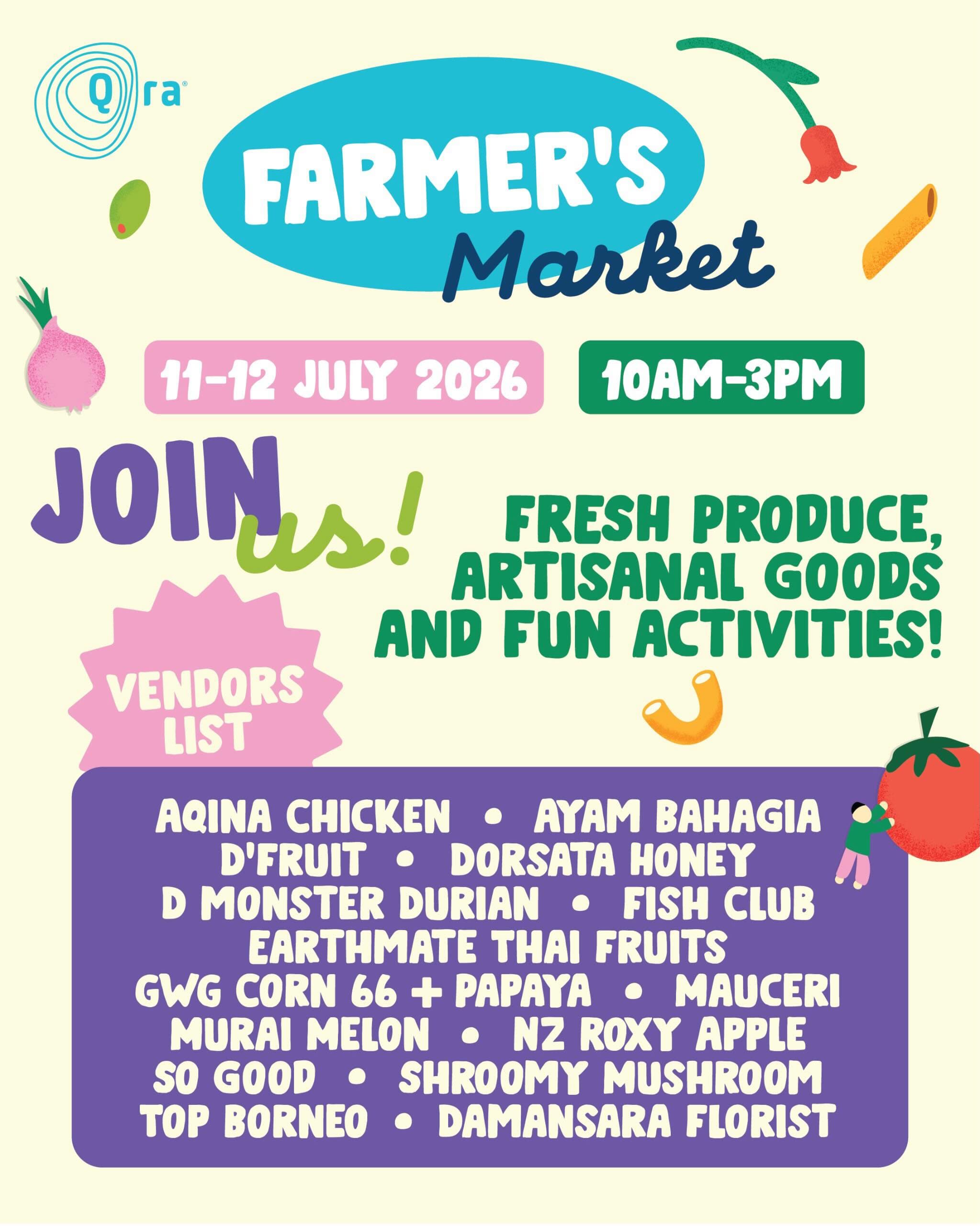 Qra Foods farmer's market flyer listing Shroomy Mushroom among the vendors