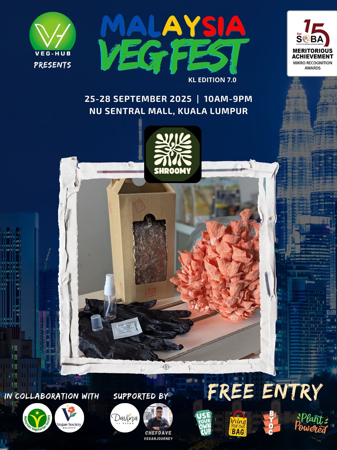 Malaysia VegFest poster featuring Shroomy grow kit and pink oyster mushrooms